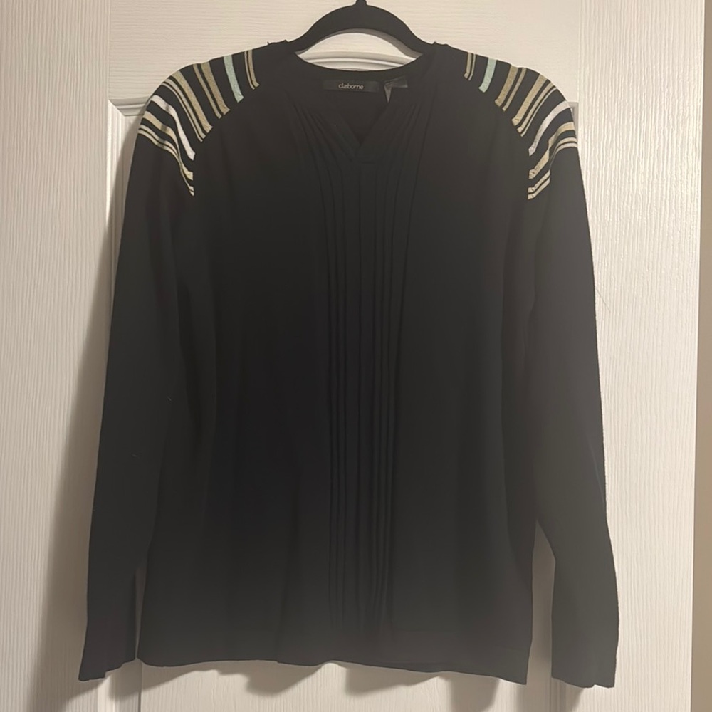 Claiborne Men’s Black Sweater with Striped Shoulders